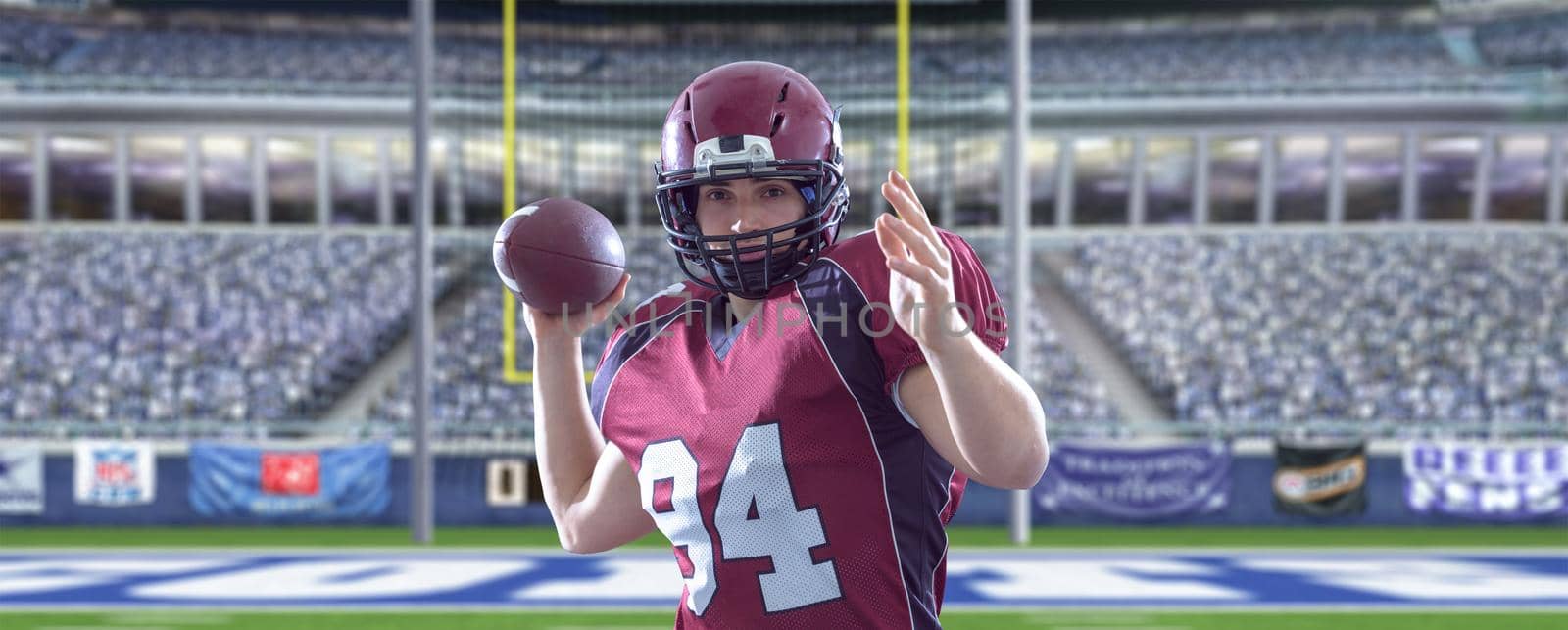 one quarterback american football player throwing ball on big modern stadium with lights and flares