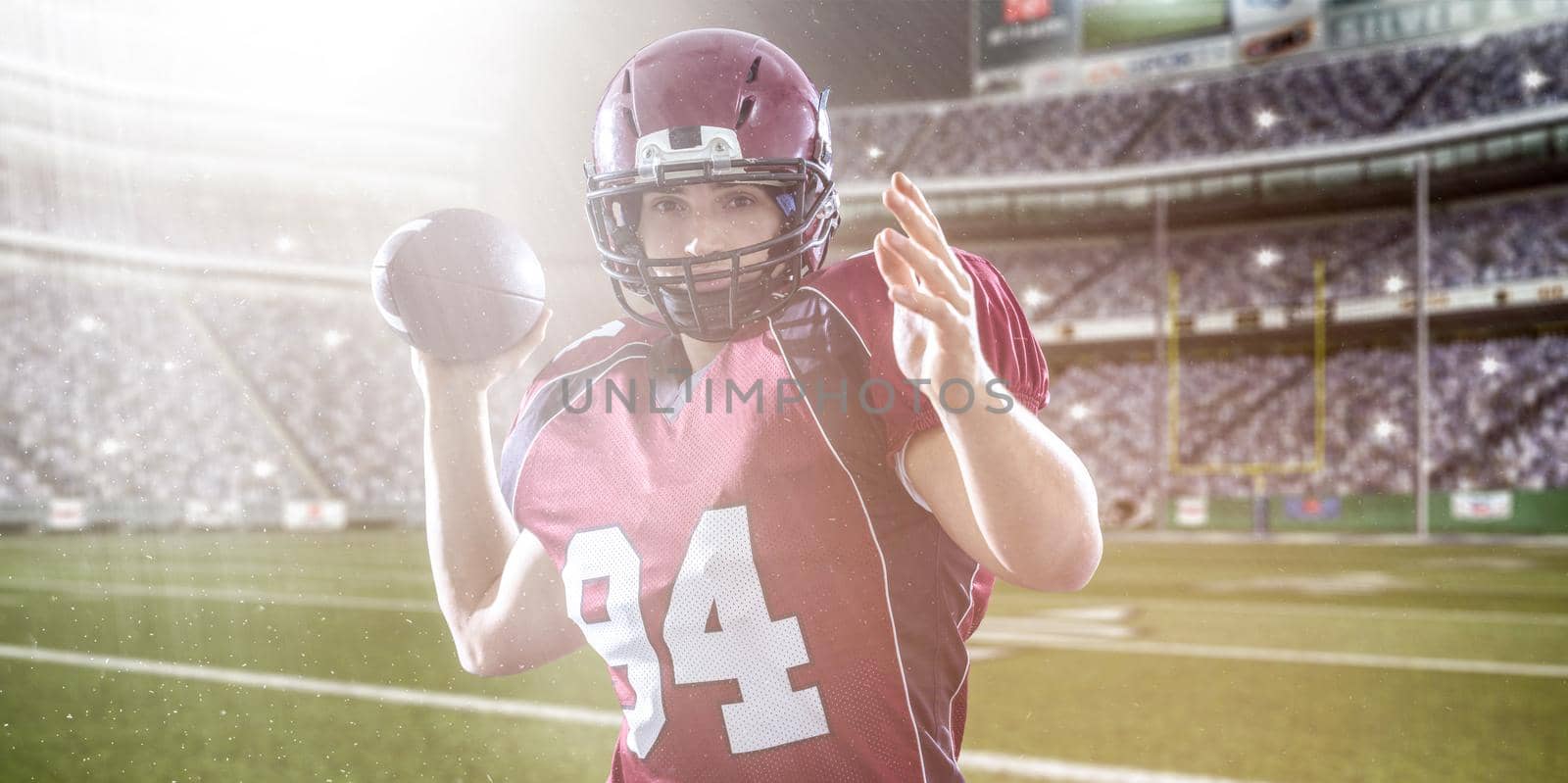 one quarterback american football player throwing ball on big modern stadium with lights and flares