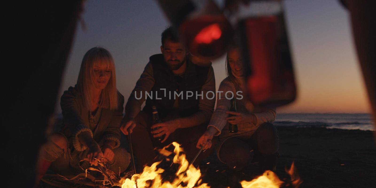 Young Friends Making A Toast With Beer Around Campfire at beach by dotshock