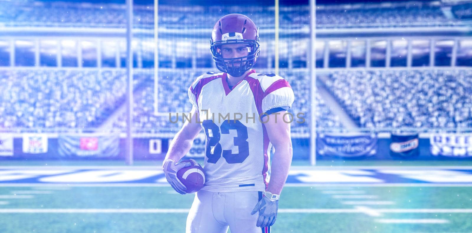 American Football Player isolated on big modern stadium field with lights and flares