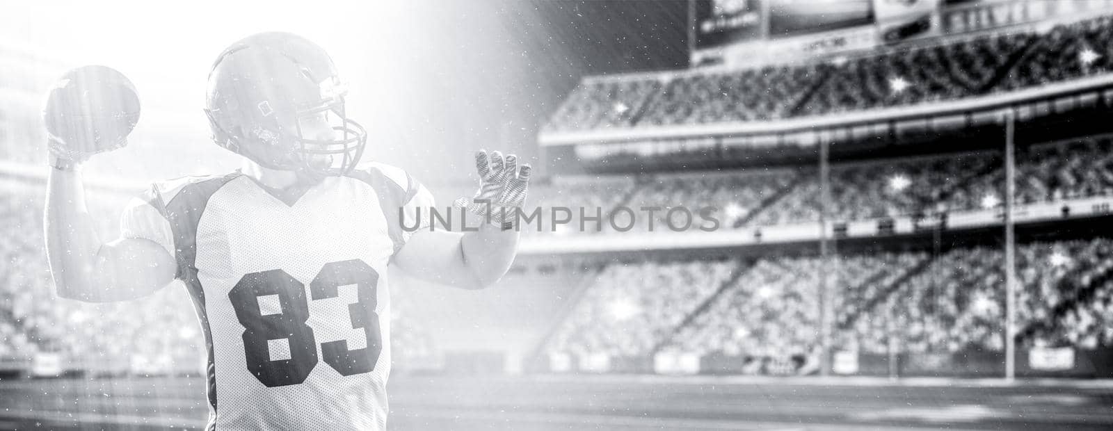 one quarterback american football player throwing ball isolated on big modern stadium field with lights and flares