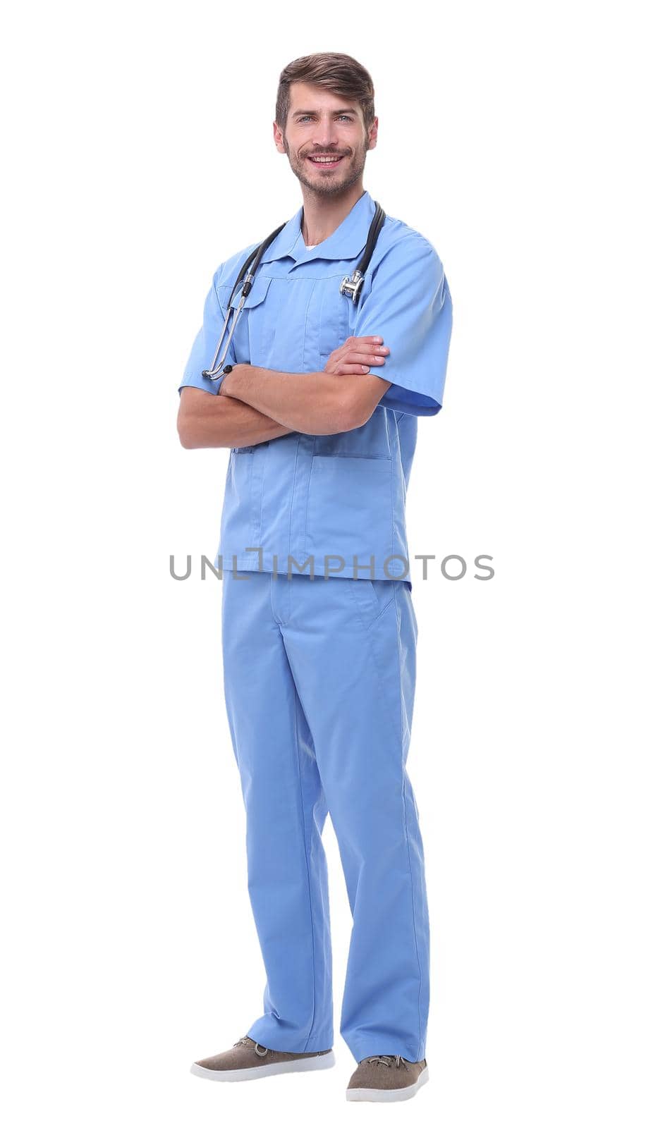 in full growth.portrait of a surgeon with stethoscope.isolated on white background