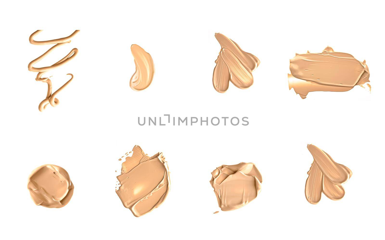 Beige beauty cosmetic texture isolated on white background, smudged makeup emulsion cream smear or foundation smudge, crushed cosmetics product and paint strokes.