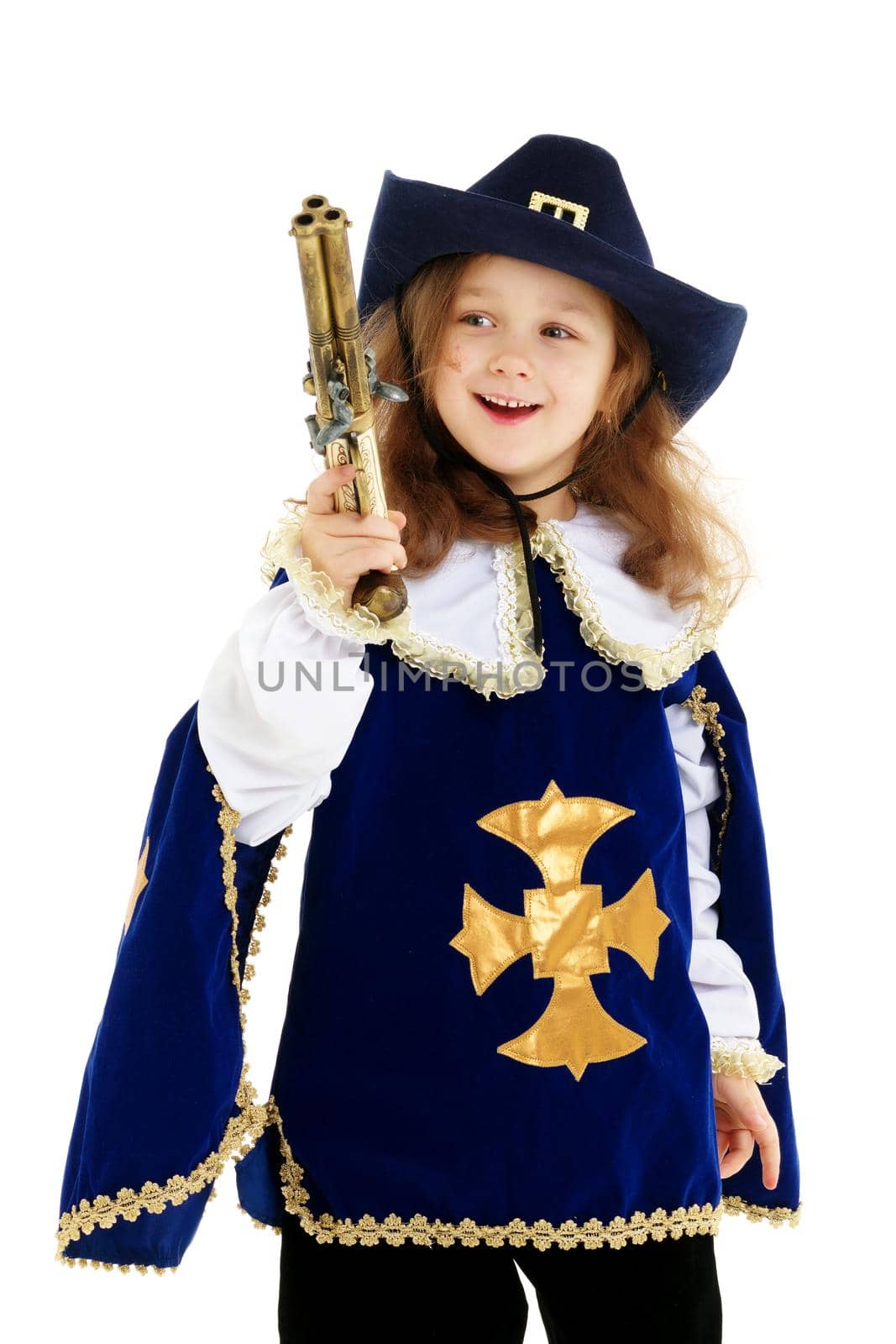 Cheerful little girl dressed as a musketeer. Concept theater, holidays. Isolated on white background.