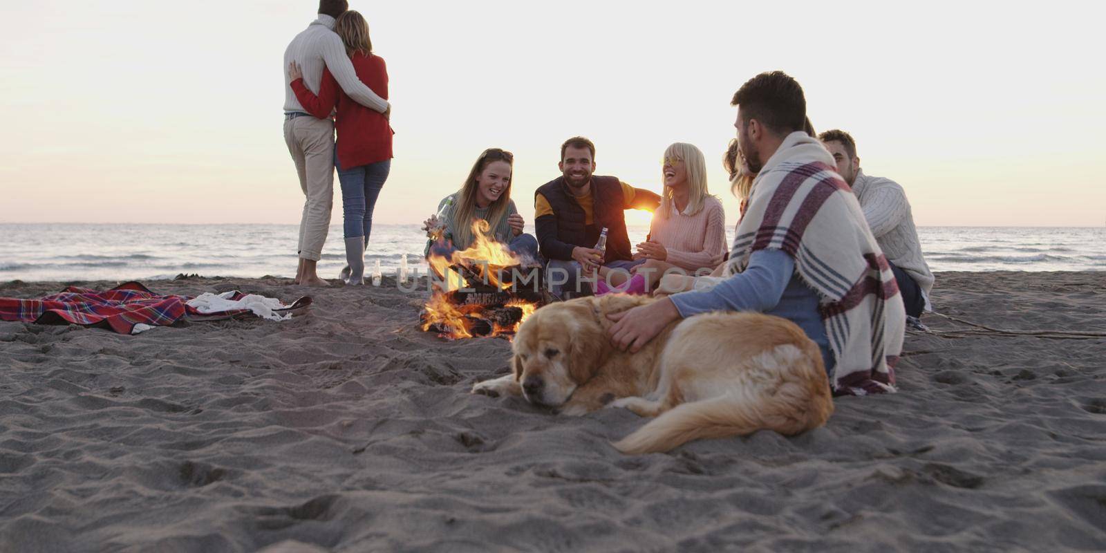 Group of friends with dog relaxing around bonfire on the beach at sunset