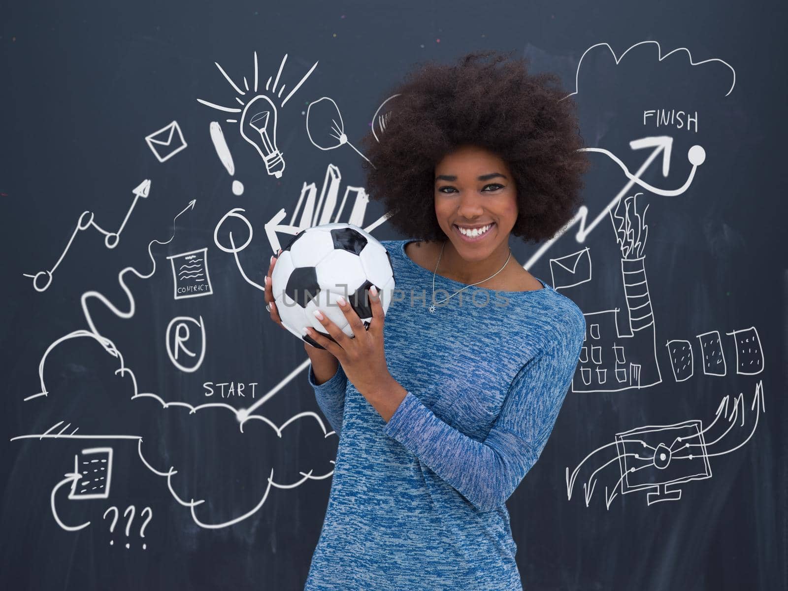 portrait of a beautiful friendly African American woman with a curly afro hairstyle and lovely smile holding a soccer ball isolated on a gray background