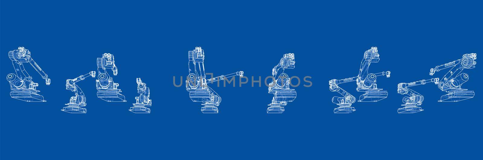 A industral robots manipulators. Blueprint style. 3d illustration