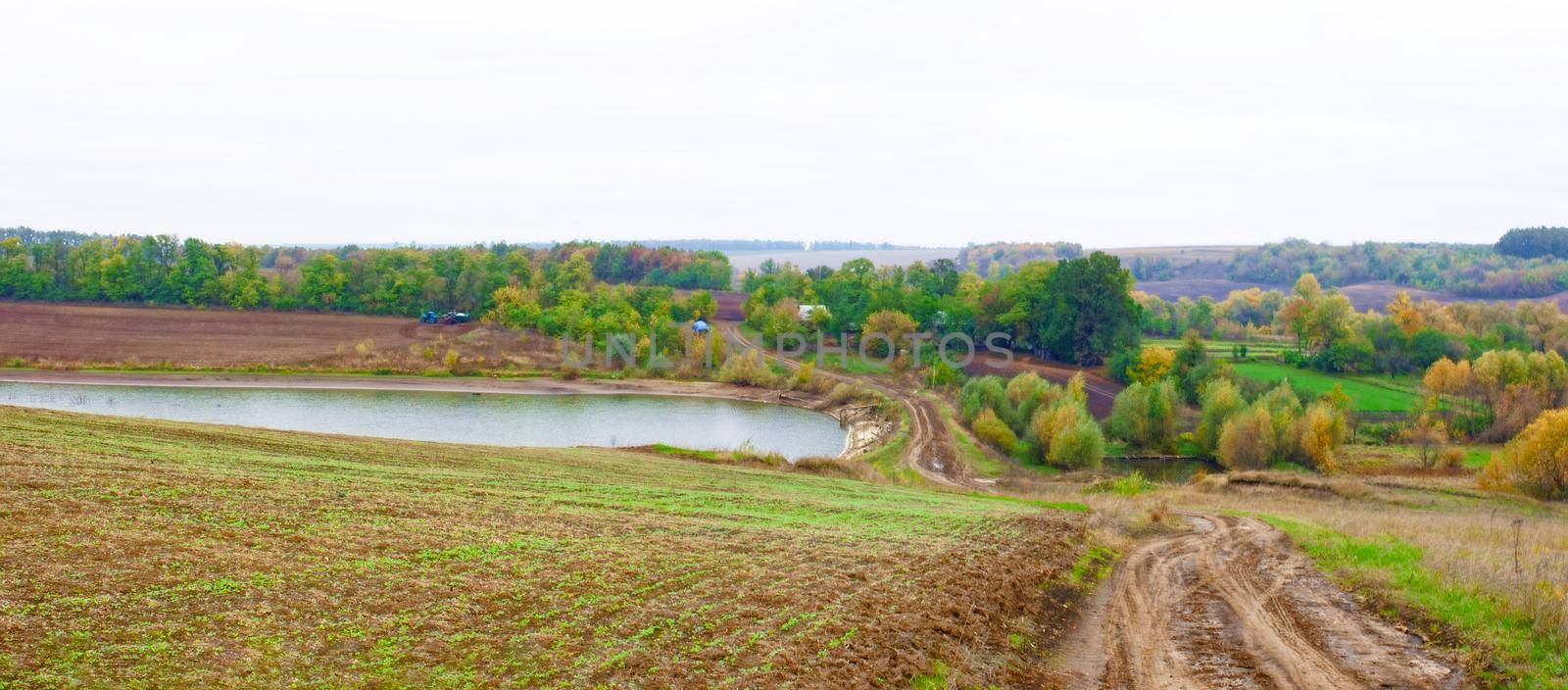 View of the beautiful nature of the autumn at times. Landscape. Ukraine village Olshana. Panorama
