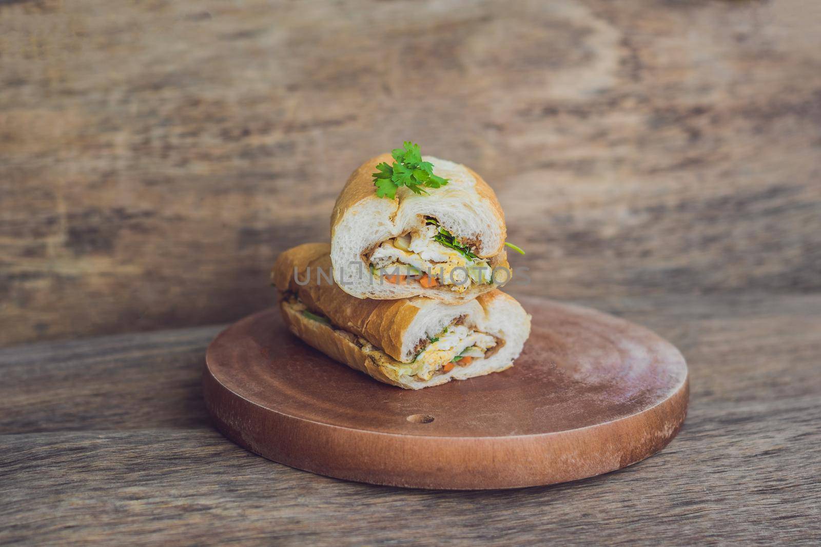 A delicious Vietnamese Bahn Mi sandwich on a wooden background by galitskaya