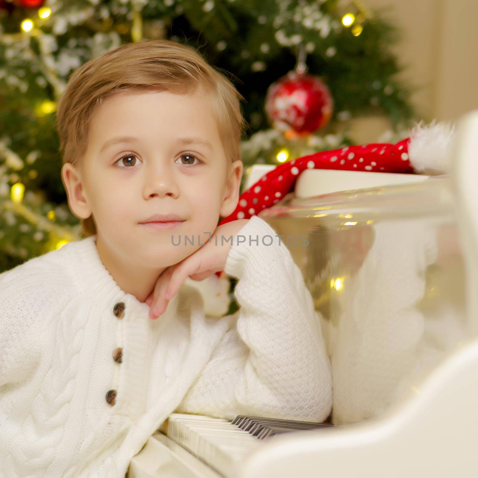 A little boy is sitting at the piano near the Christmas tree. Family holidays concept.