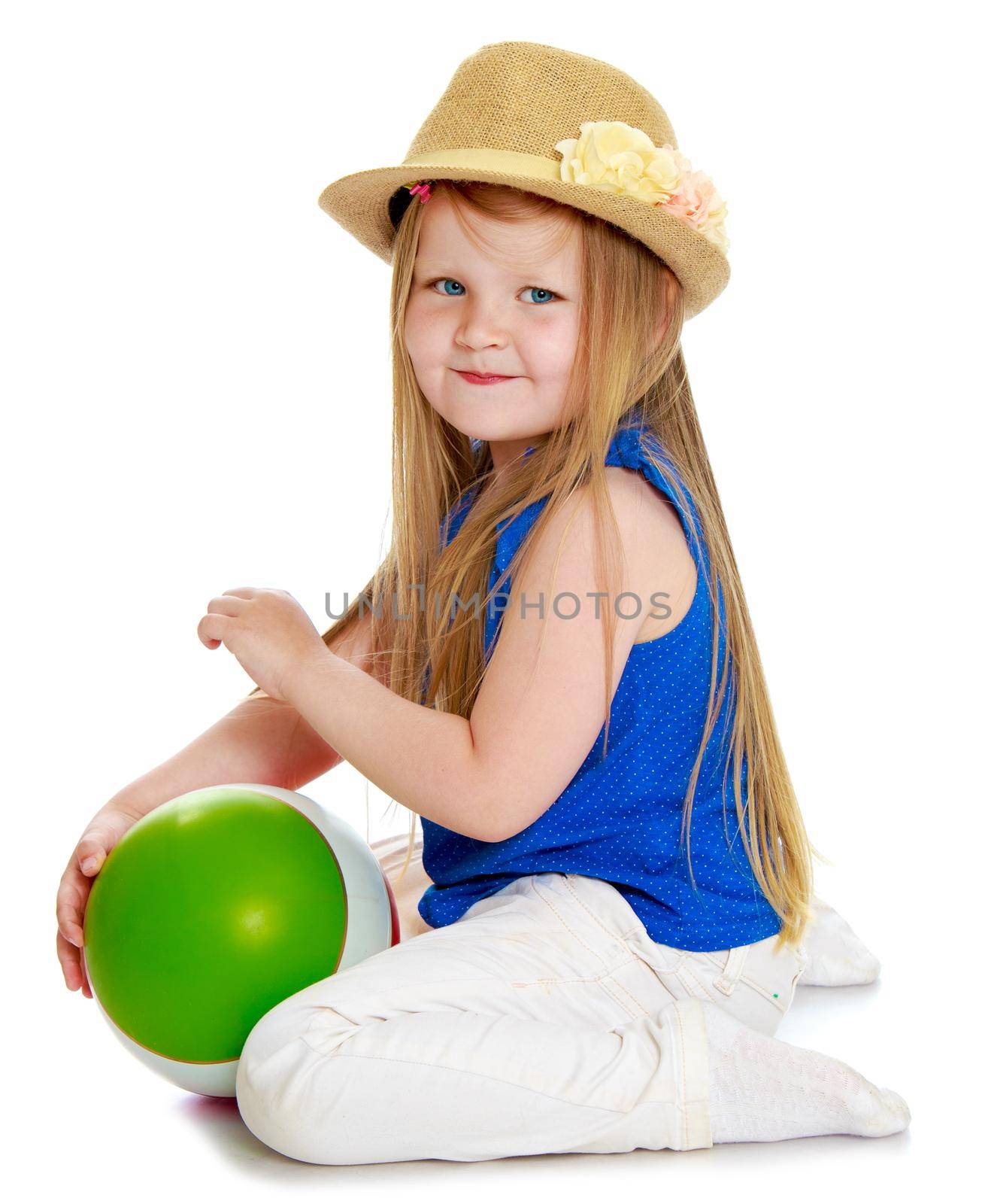 Cute little girl in hat plays with a sword - Isolated on white background