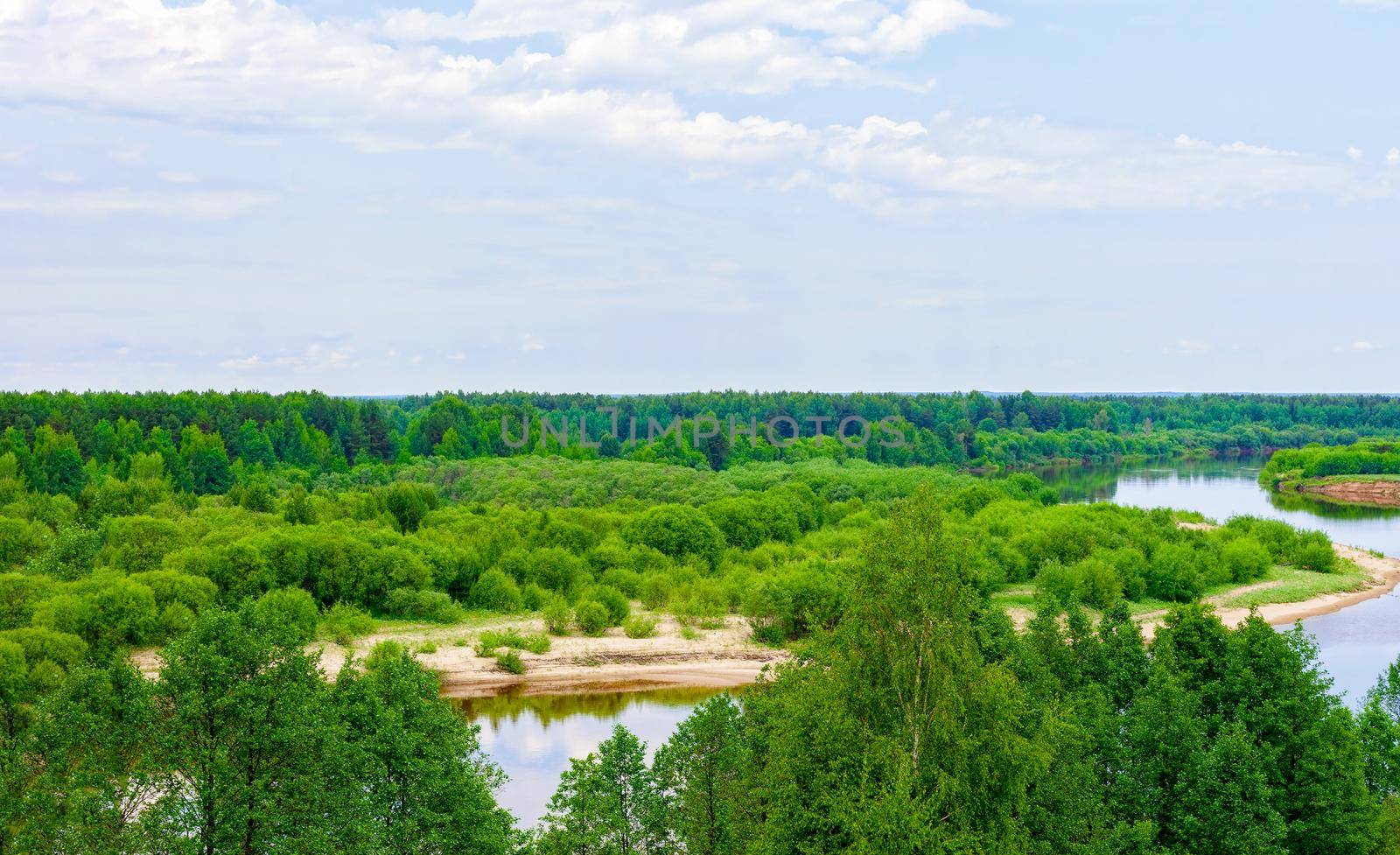 View of the traveler from the shore to the river in Vetluga. Kostroma region. Russia. The concept of tourism, Summer holidays with the whole family.