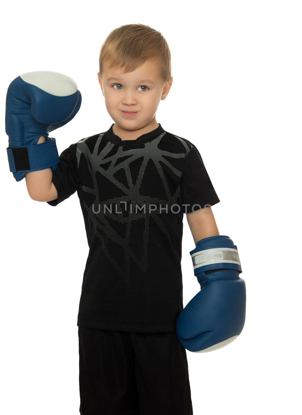 Little boy engaged in Boxing. In his hands he's got the Boxing gloves. Close-up- Isolated on white background