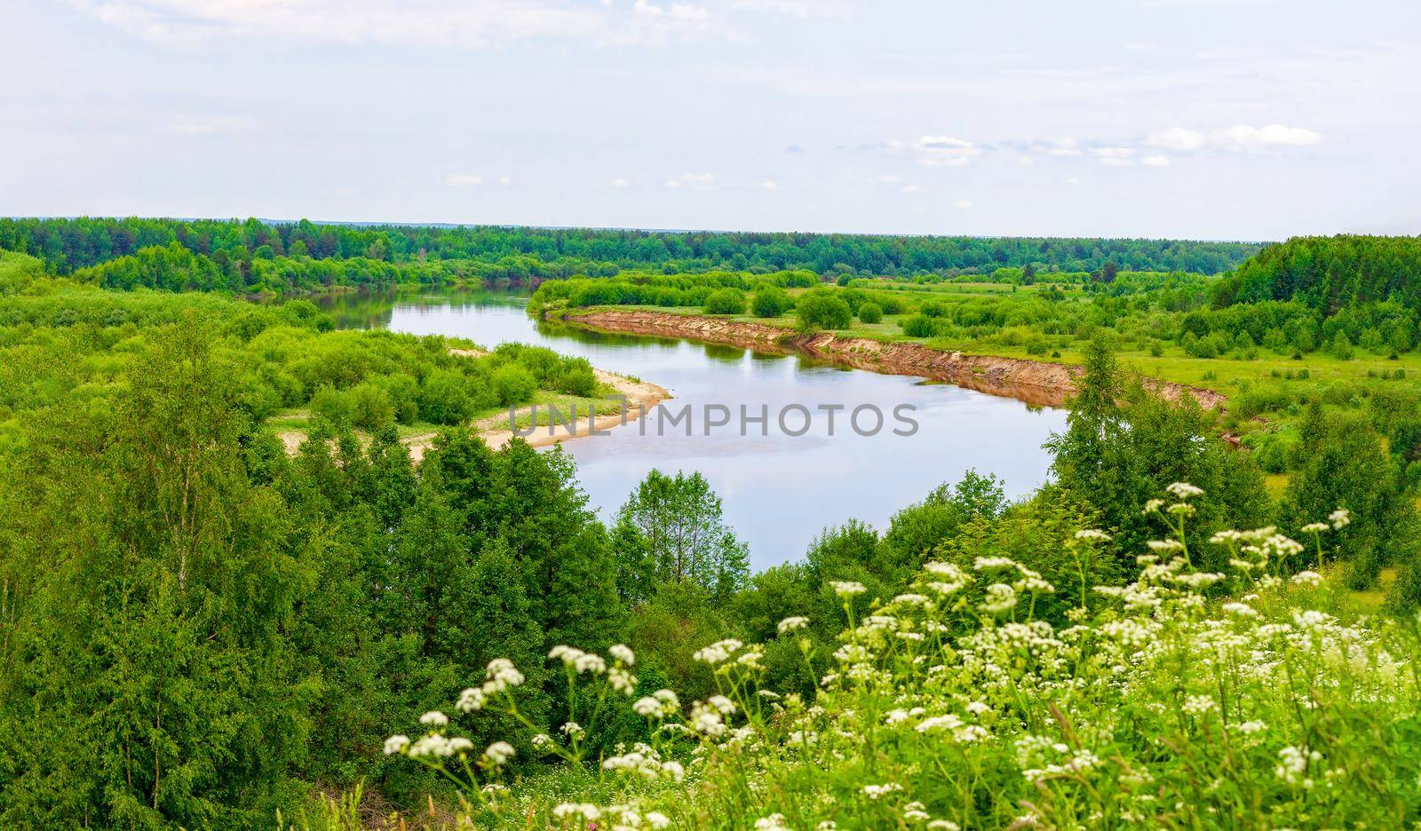 View of the traveler from the shore to the river in Vetluga. Kostroma region. Russia. The concept of tourism, Summer holidays with the whole family.