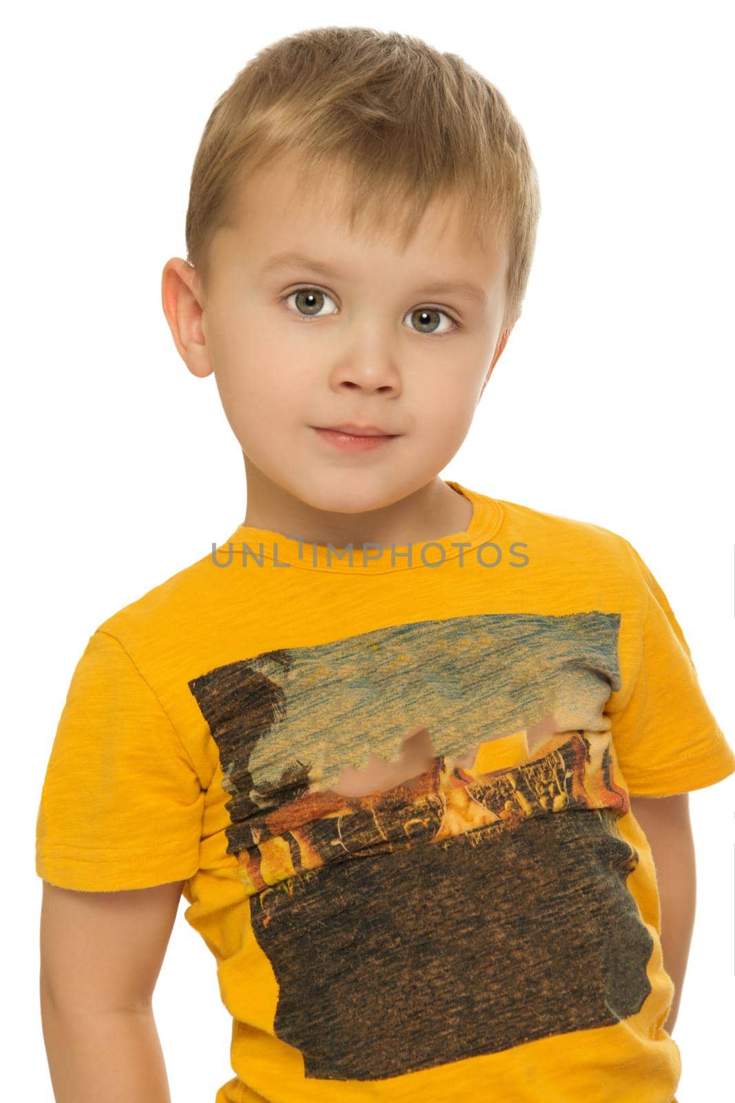 Close-up portrait of beautiful little boy - Isolated on white background