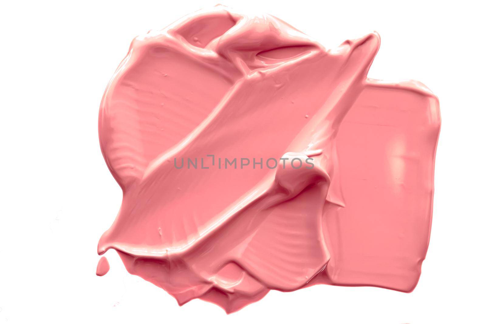 Coral beauty cosmetic texture isolated on white background, smudged makeup emulsion cream smear or foundation smudge, crushed cosmetics product and paint strokes.