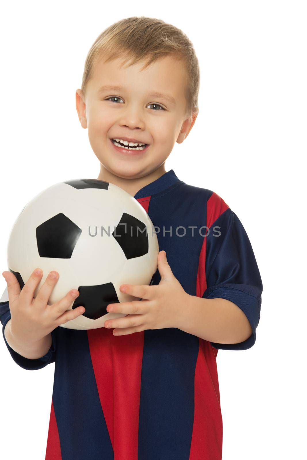 Portrait of little boy football player in a striped uniform. Boy holding a soccer ball. Close-up - Isolated on white background