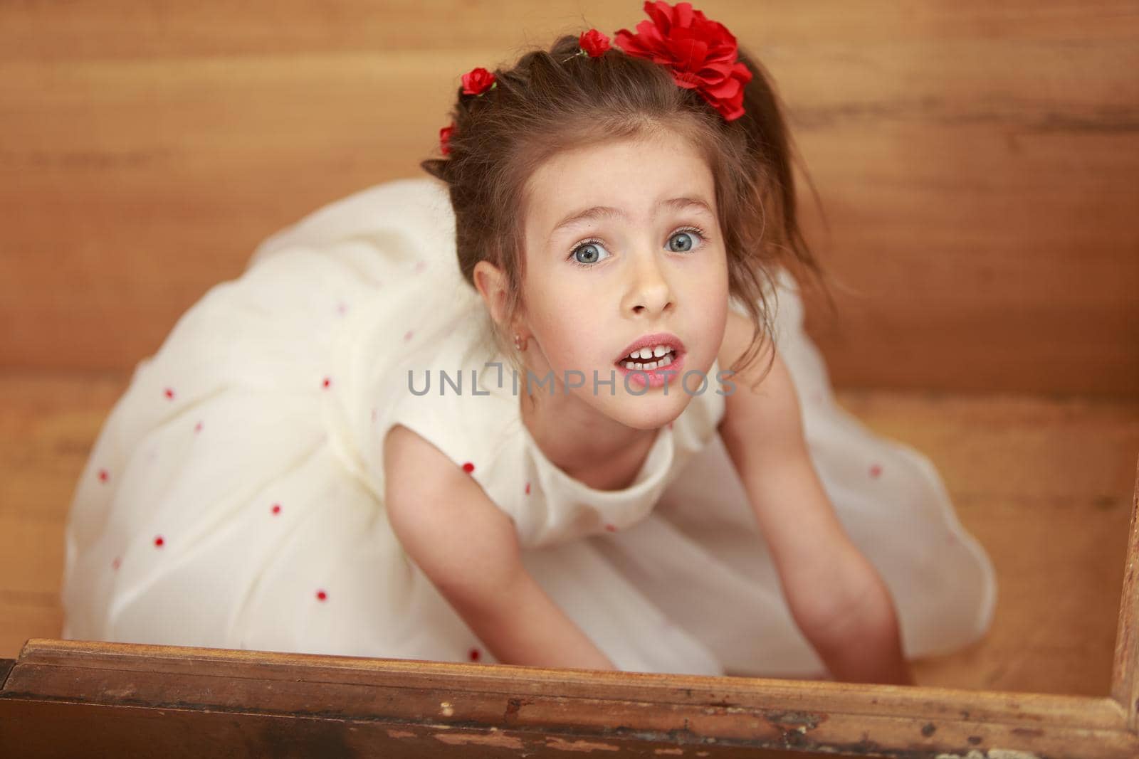 Cute little girl in a white dress hiding in the old chest, which smelled of mothballs. Girl looks out of it up
