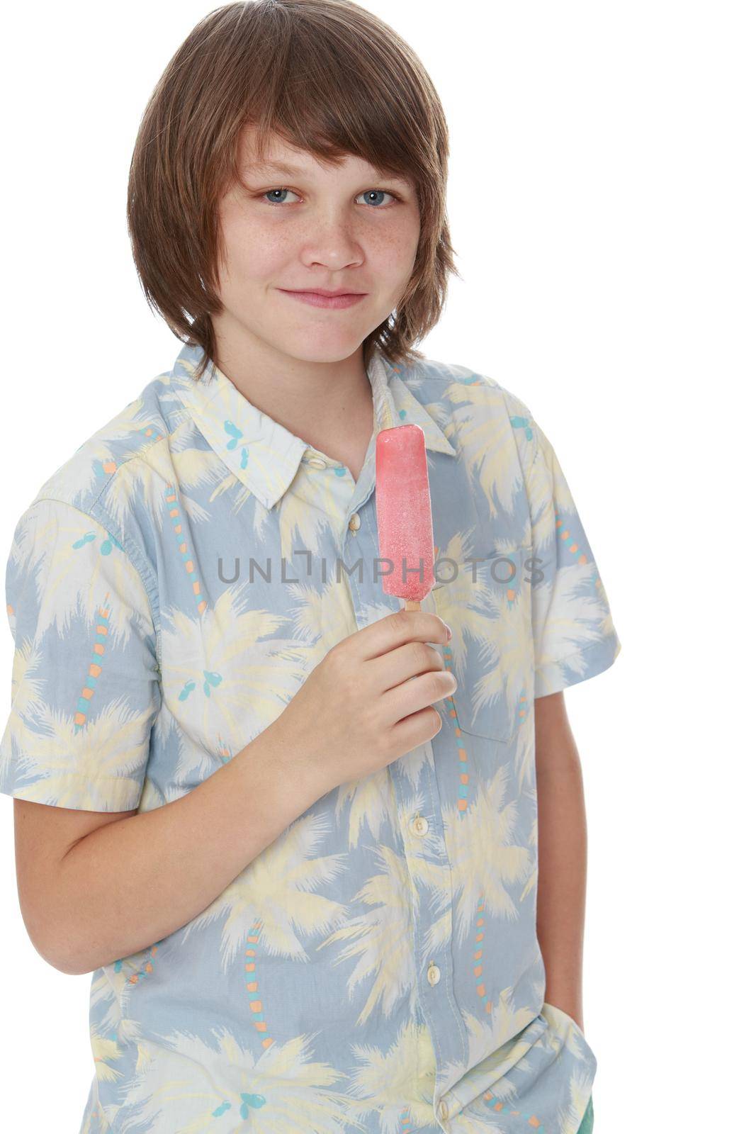 Young man eating ice cream. Close-up-Isolated on white background