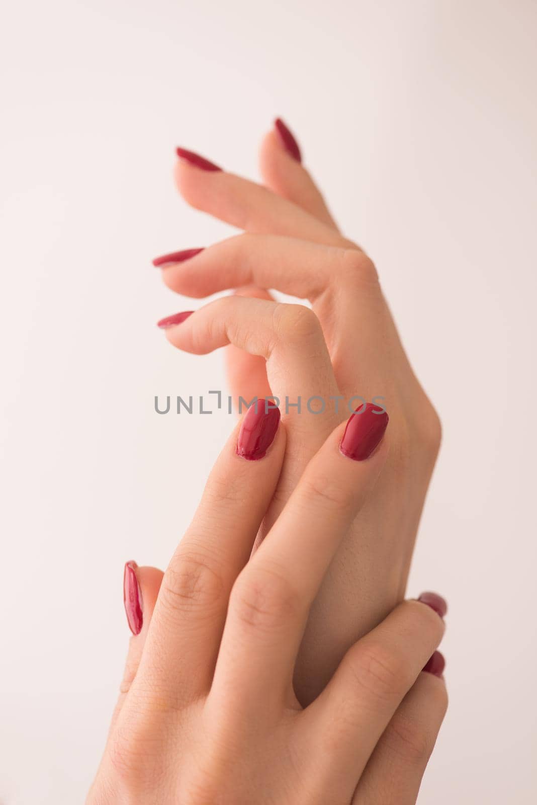 closeup of hands of a young woman with long red manicure on nails against white background
