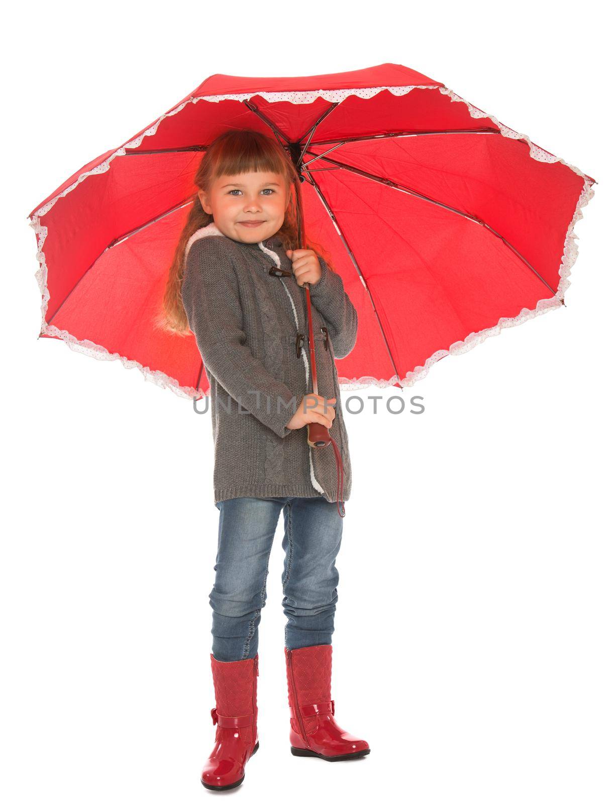 Beautiful little girl in autumn clothes under the red umbrella - Isolated on white background