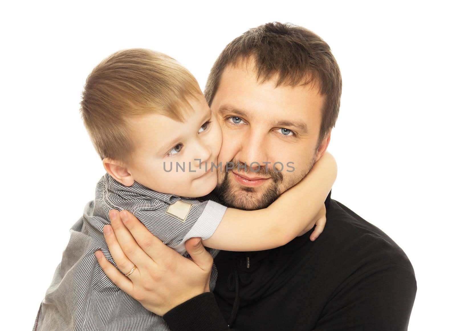 Joyful little boy rested his cheek against daddy's face. Close-up - Isolated on white background