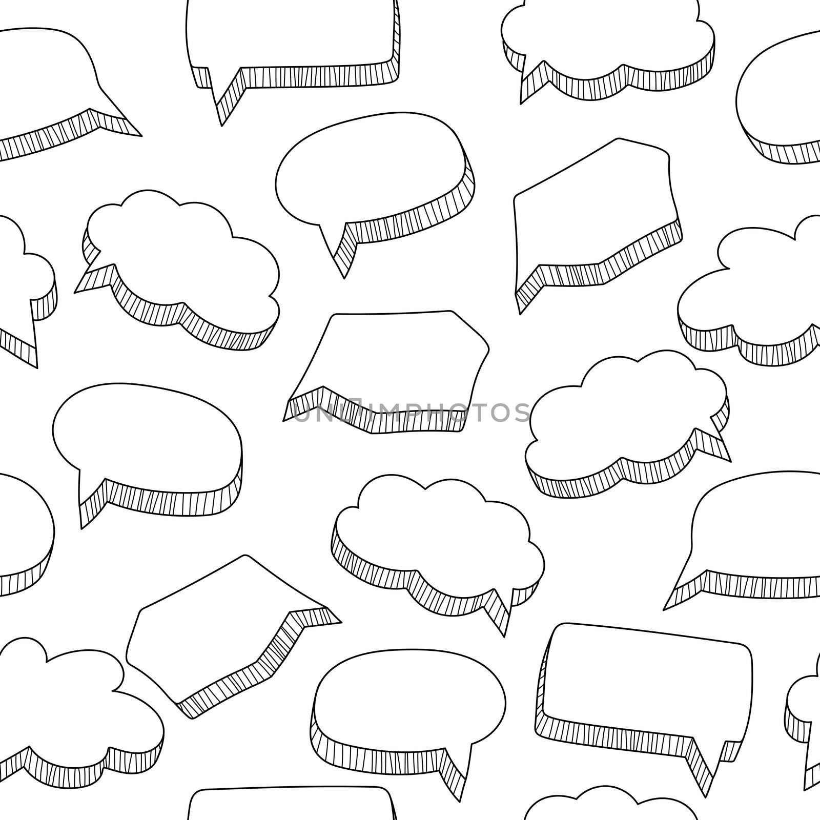 Cartoon speech bubbles seamless pattern in hand drawn style, black and white vector illustration