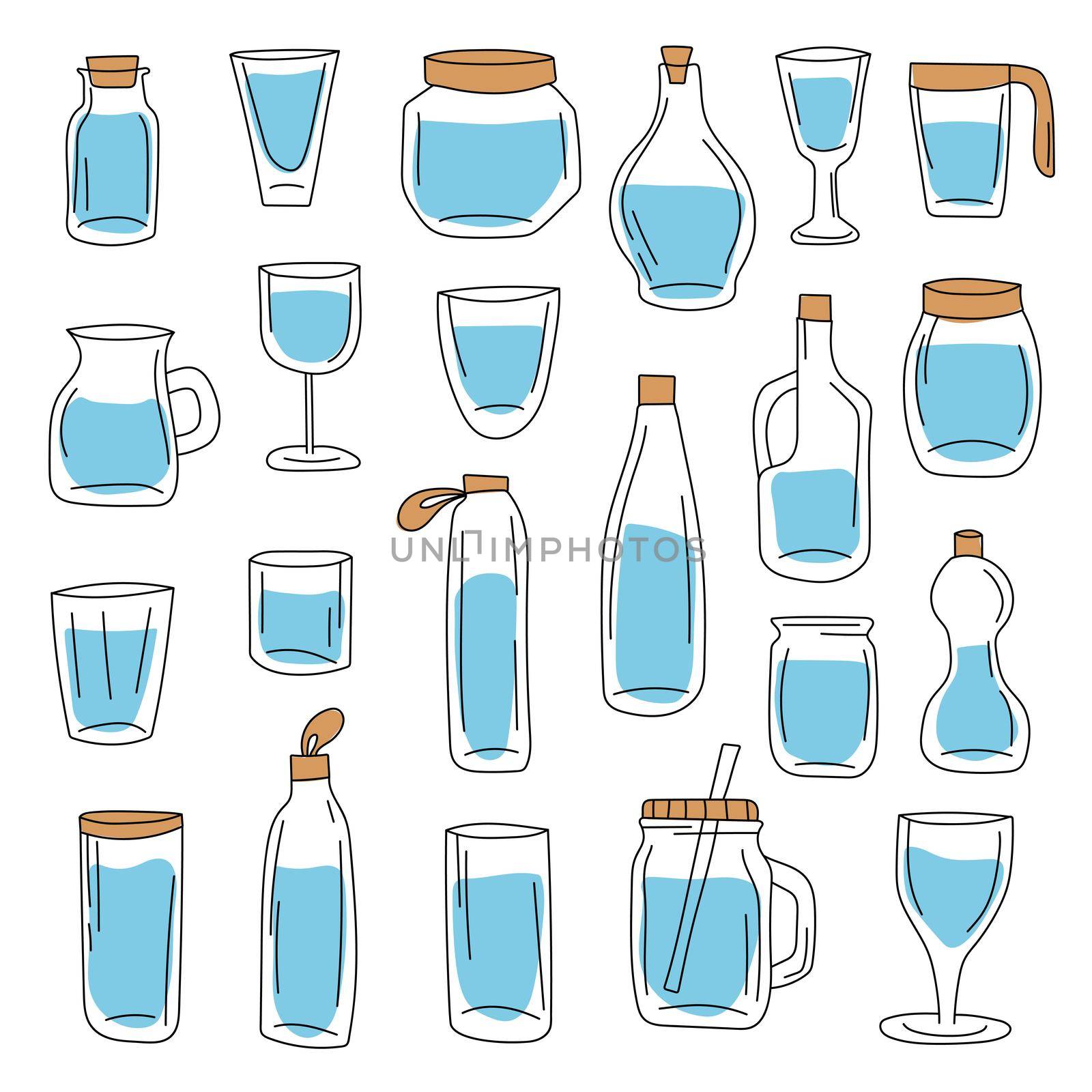 Big set of glass containers and water bottles. Hand drawn style for design. No Plastic concept