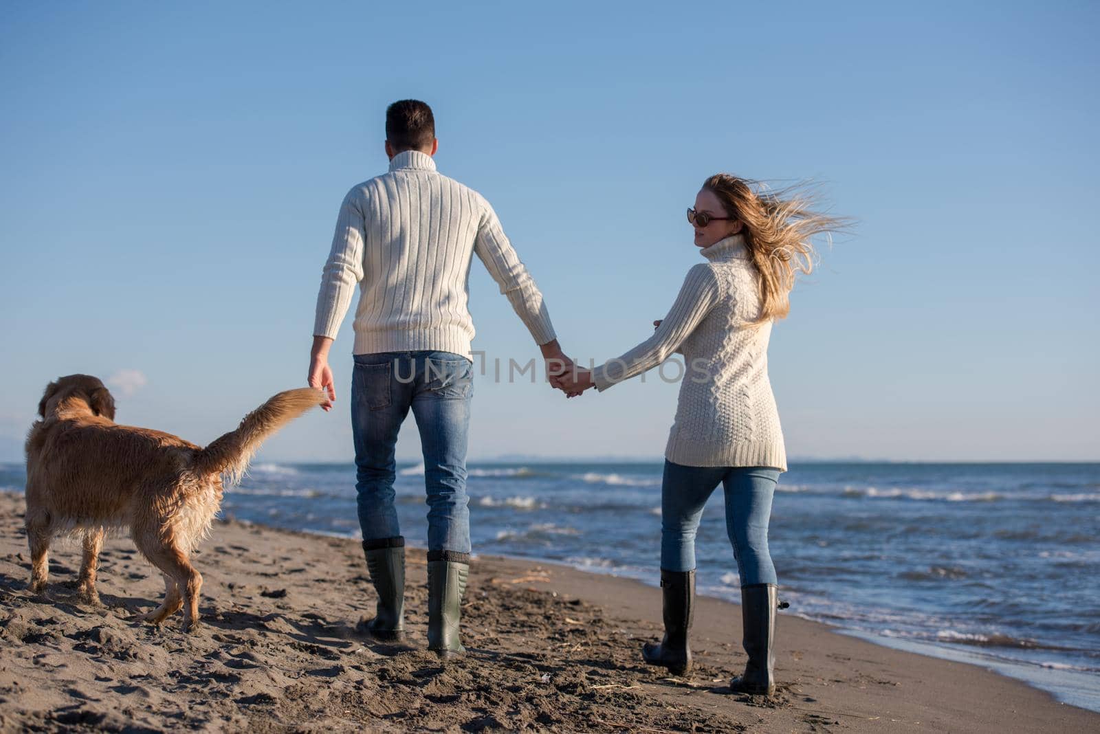 Couple Running On The Beach Holding Their Hands with dog On autmun day