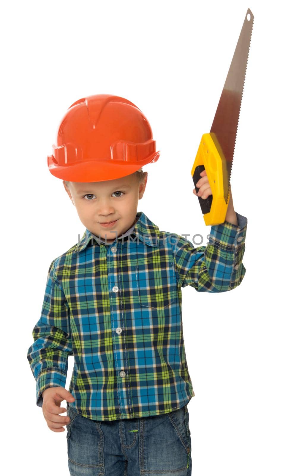 Llittle boy in a hard hat holding a saw - Isolated on white background