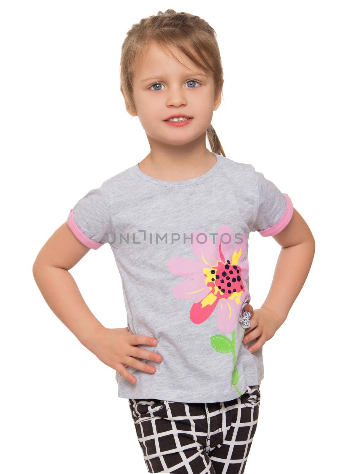 Little girl wearing plaid pants . close-up - Isolated on white background