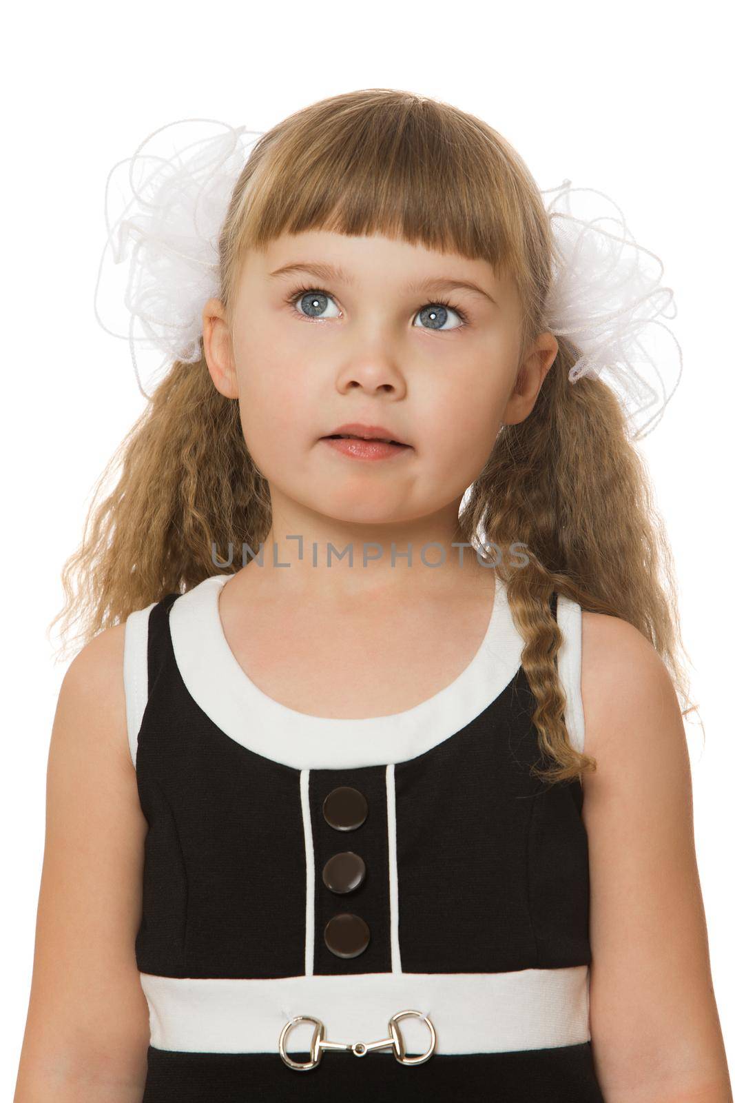 Portrait of cute little girl with long fluffy hair which is braided white bows . Close-up - Isolated on white background