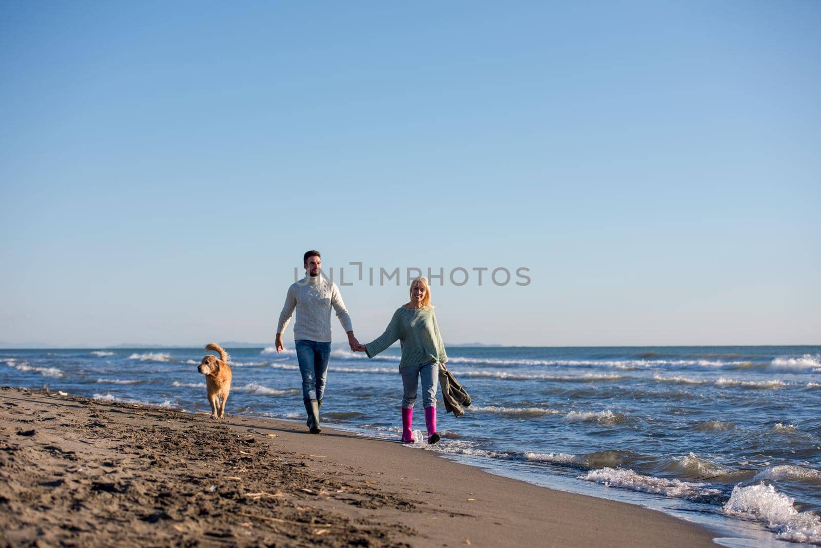 couple with dog having fun on beach on autmun day by dotshock