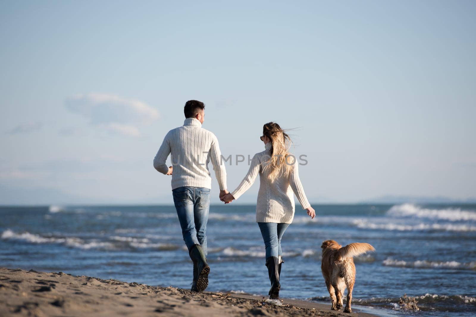 Couple Running On The Beach Holding Their Hands with dog On autmun day