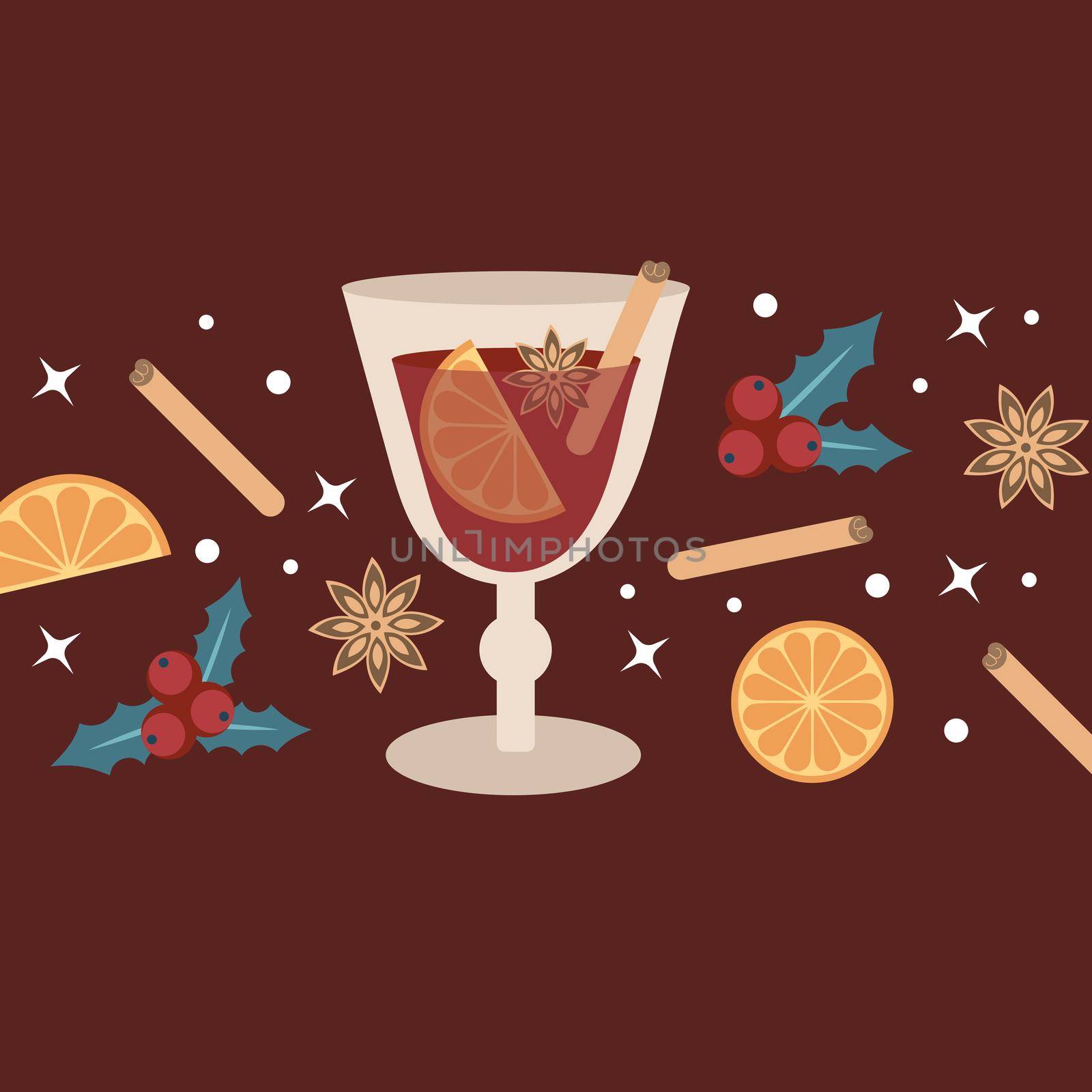 Hot mulled wine in a glass. Elements and spices for a drink on a burgundy background. For the design of winter and autumn street fairs, menus