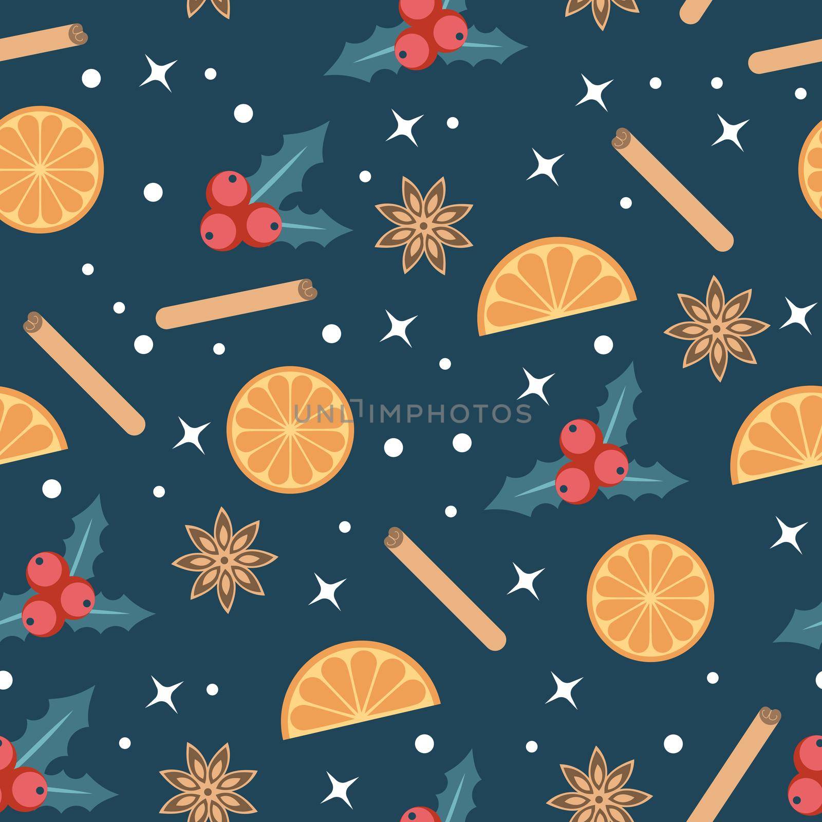 Merry Christmas background with and holly berries and oranges on a blue background. Background for your design. Vector illustration.