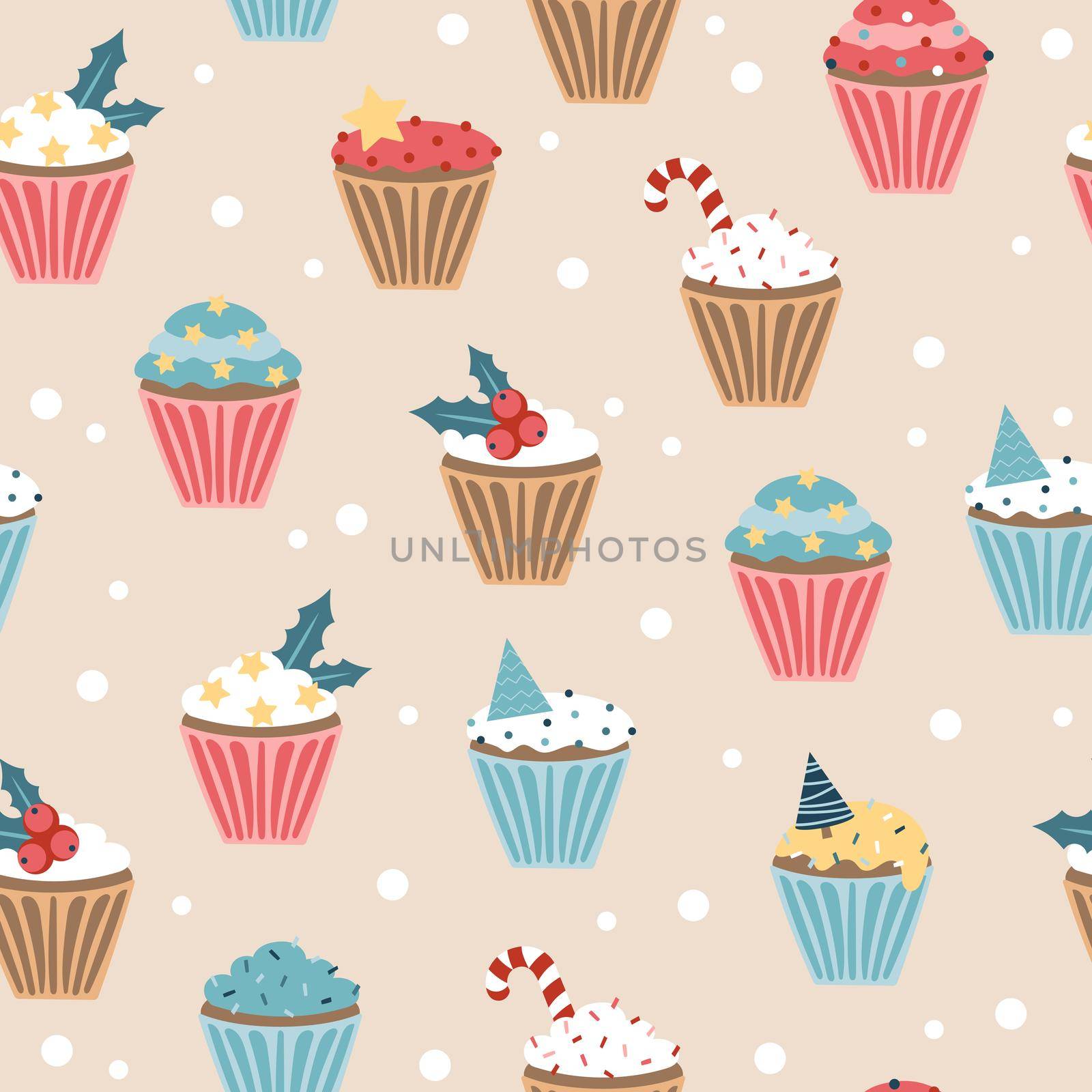 New Year Cupcake. Seamless pattern. Christmas set of cupcakes and muffins by natali_brill