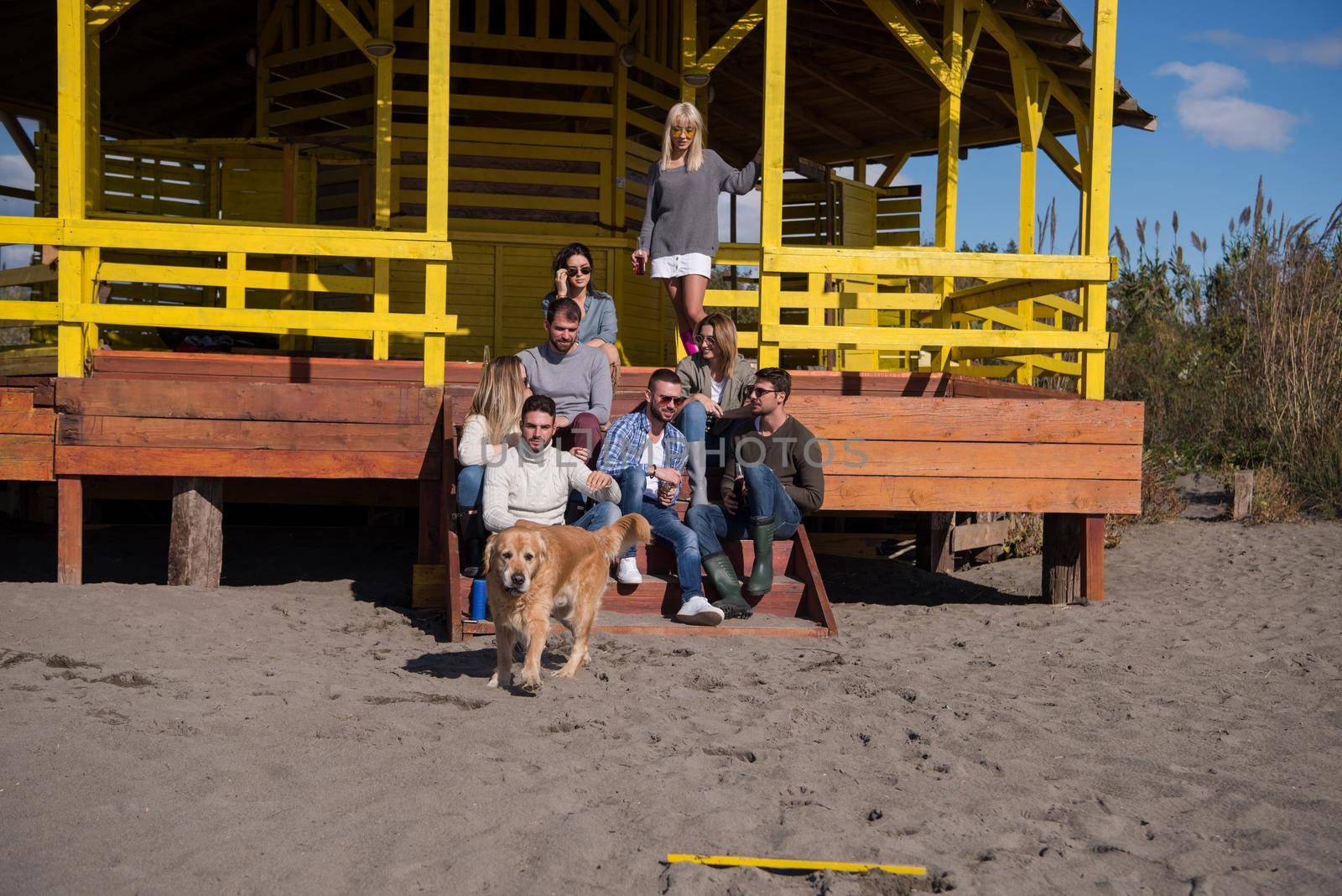 Happy Group Of Friends Hanging Out At Beach House having fun and drinking beer on autumn day