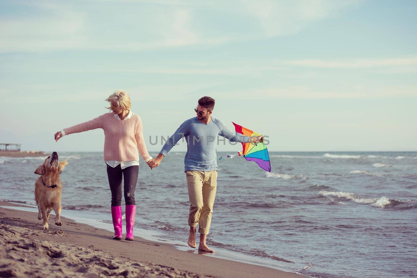 Young Couple having fun playing with a dog and Kite on the beach at autumn day filter