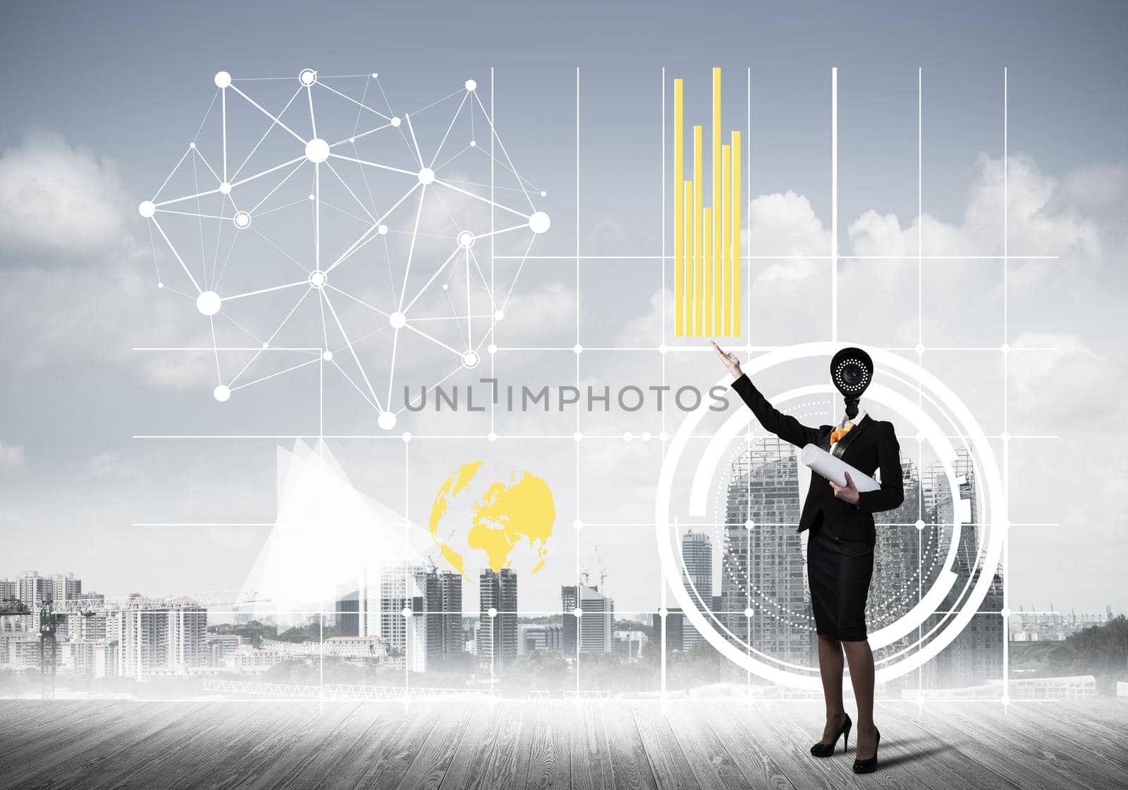 Businesswoman with camera instead of head and media user interface on screen