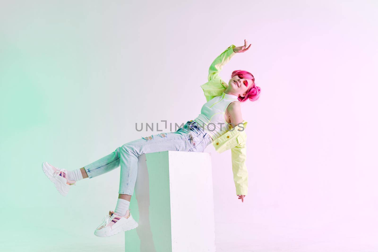 woman with pink hair teen fashionable clothes posing neon by Vichizh