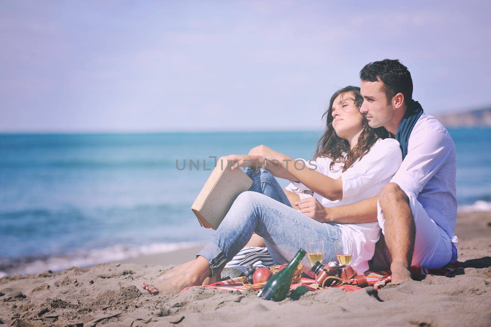 young couple enjoying  picnic on the beach by dotshock