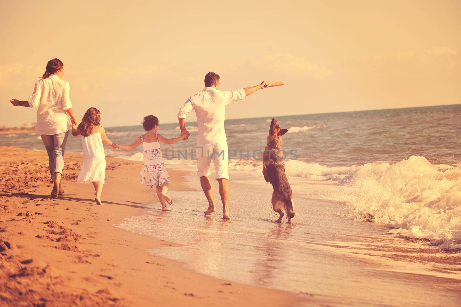 happy young family in white clothing have fun and play with beautiful dog at vacations on beautiful beach 