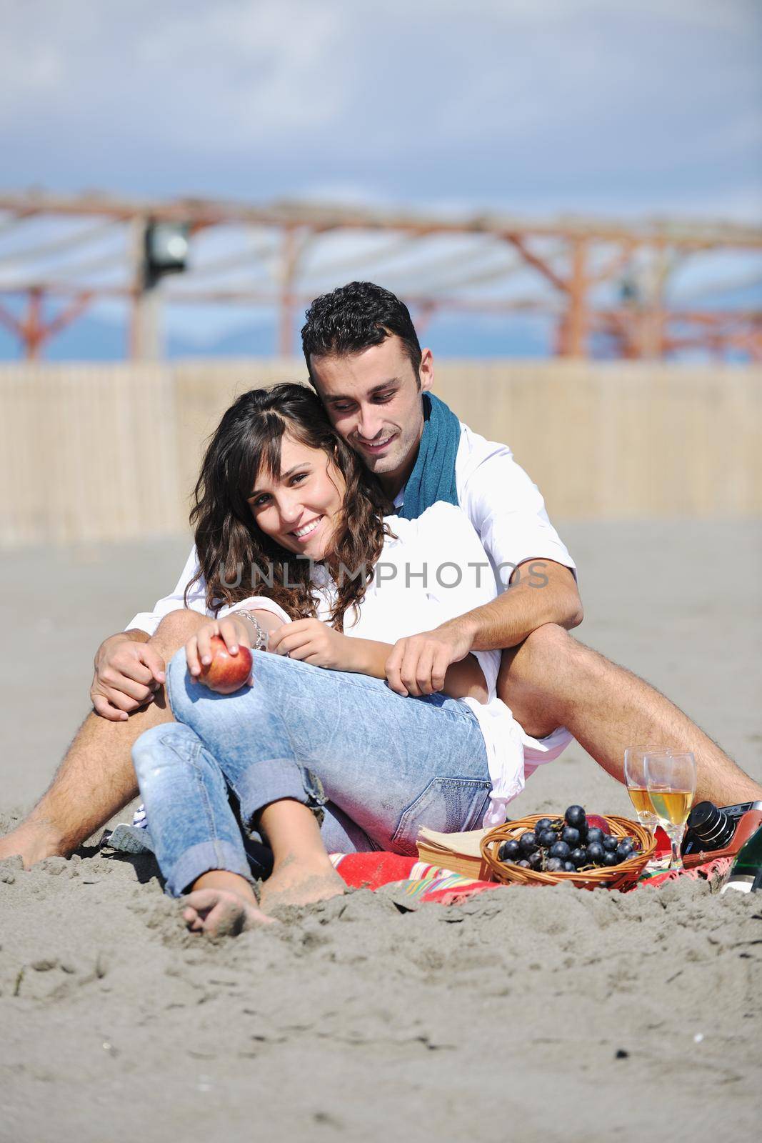 young couple enjoying  picnic on the beach by dotshock