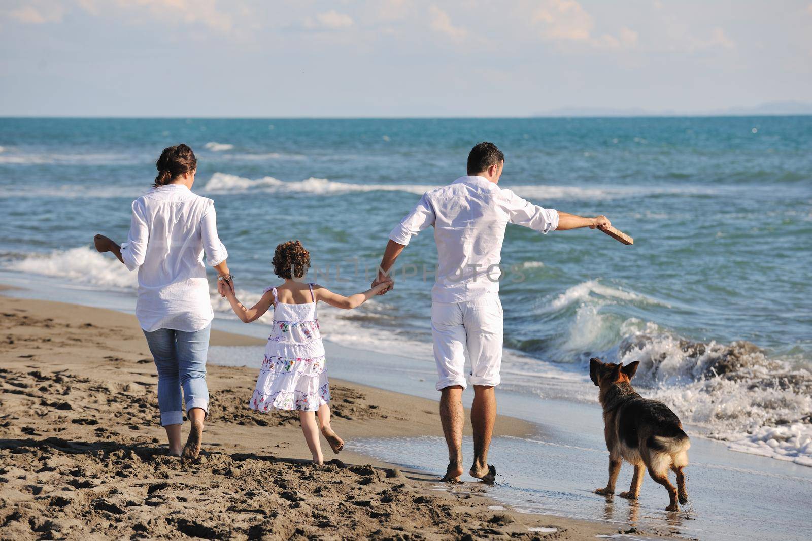 happy young family in white clothing have fun and play with beautiful dog at vacations on beautiful beach 