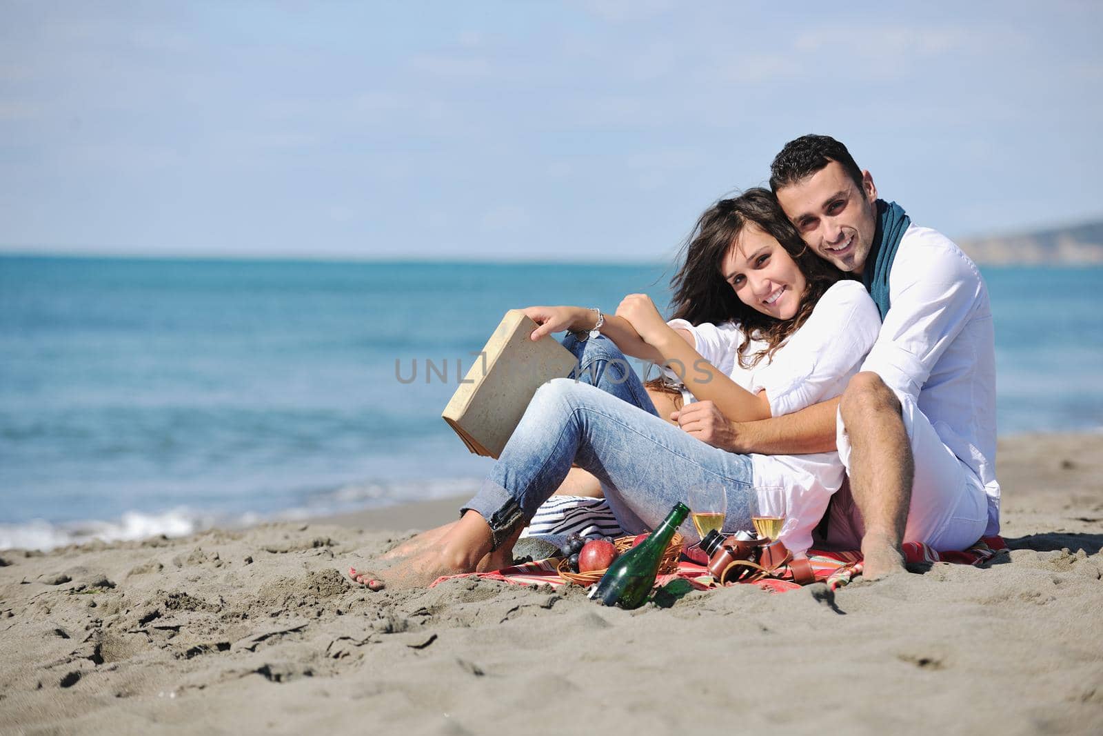 young couple enjoying  picnic on the beach by dotshock