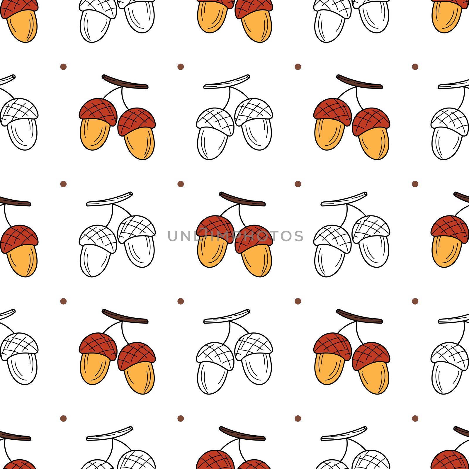 Color and black and white icons of acorns hand drawn. Minimalistic endless pattern on a white background. Autumn seamless texture