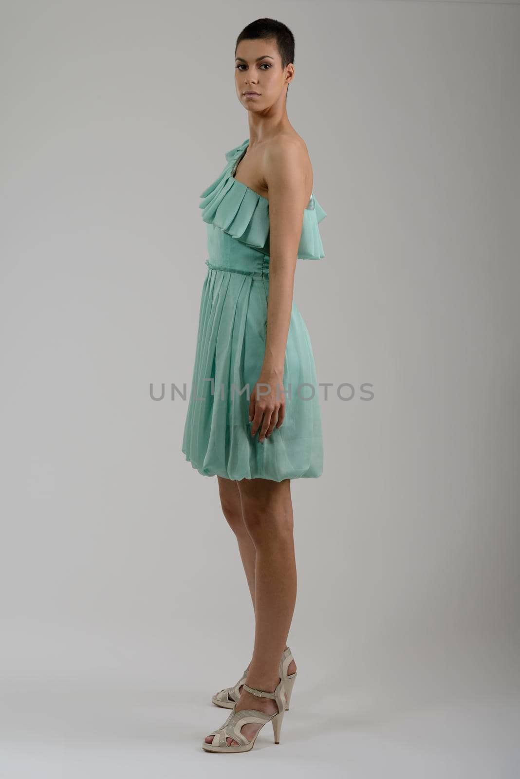 elegant woman in  fashionable  stylish dress posing in the studio