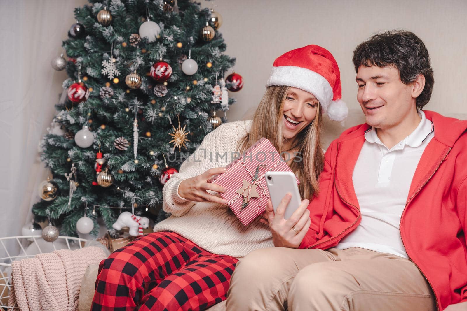 Portrait of lovely couple husband and wife with mobile phone in red Santa hat having a video call chat with puppy dog in sweater, enjoy Christmas time at home. Online greeting and taking selfie. by Ostanina