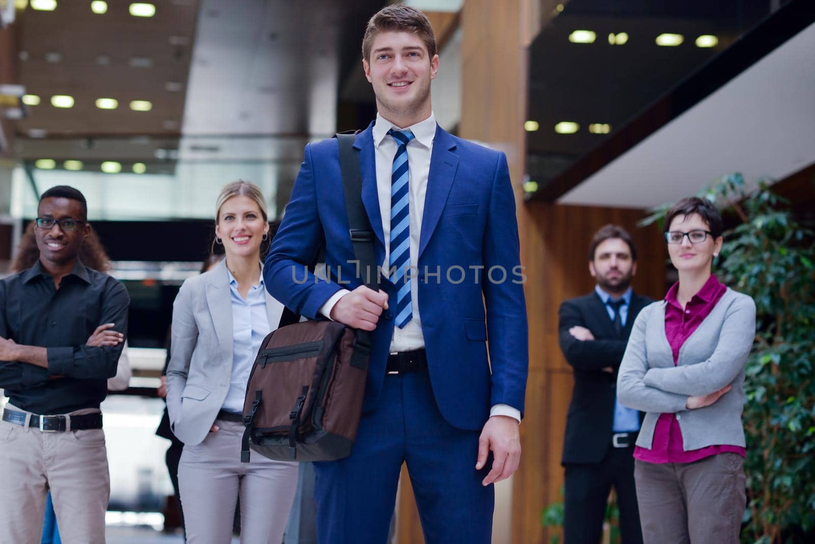 young multi ethnic business people group walking standing and top view